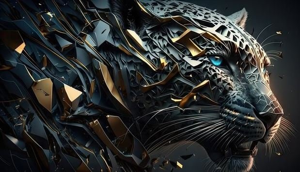 A striking leopard with blue eyes stands out against a solid black background, showcasing its unique features and elegance.