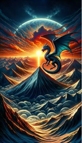 A majestic dragon soars above the ocean, illuminated by the vibrant hues of a sunset in the background.