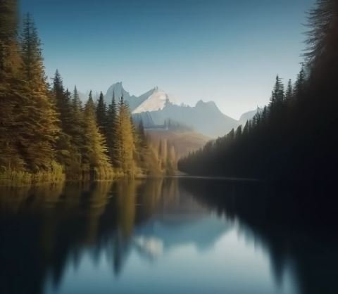 A calm lake bordered by dense trees and impressive mountains, creating a harmonious scene of natural beauty.