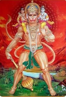 Lord Hanuman is illustrated with his arms raised high, embodying courage and faith, amidst a lively and divine setting