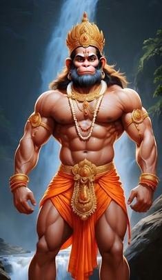 Lord Hanuman stands majestically in a verdant jungle, symbolizing courage and spirituality in a natural setting