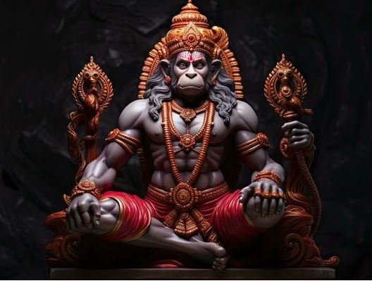 A powerful depiction of Lord Hanuman against a bold red and black background, embodying resilience and spiritual strength