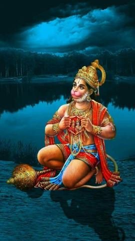 Lord Hanuman gracefully perched on water, with a vast blue sky above, representing calmness and divine presence
