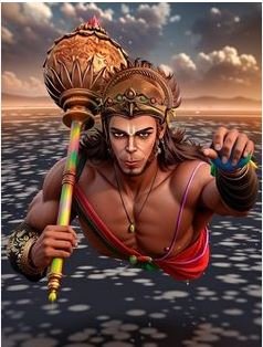 A powerful depiction of Lord Hanuma, holding a sword and a staff, symbolizing his role as a protector and destroyer.