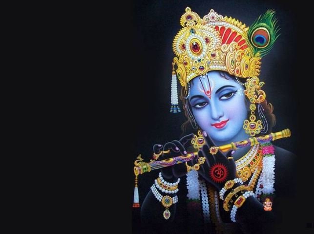 An HD wallpaper of Lord Krishna, highlighting his divine presence with rich colors and artistic elements in a tranquil background