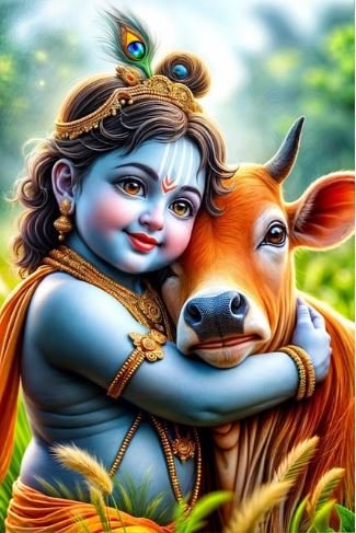 Lord Krishna embraces a cow in a lush green field, symbolizing love and harmony between humans and nature