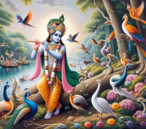 A vibrant depiction of Krishna, symbolizing devotion and spirituality, surrounded by a serene and colorful backdrop