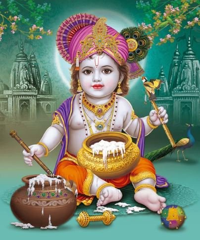 An HD wallpaper of Lord Krishna, depicting his enchanting presence with vivid colors and intricate details