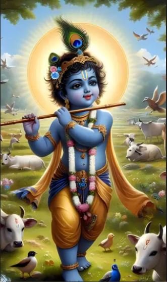 An image of Lord Krishna, the supreme deity, adorned in traditional attire at the Krishna Ji Temple in India.
