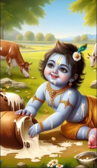 Lord Krishna, celebrated as the son of divine beings, illustrated in a peaceful scene, symbolizing love and devotion