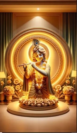 A beautifully lit statue of Lord Krishna in a room, enhanced by golden and yellow hues for a peaceful ambiance.
