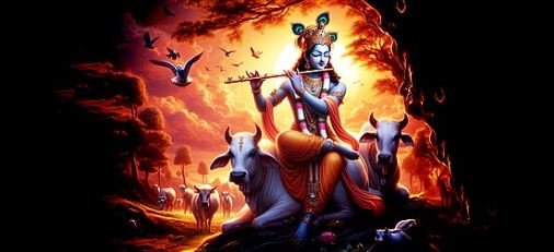 Lord Krishna gracefully plays his flute in the sky, surrounded by ethereal clouds and a serene atmosphere