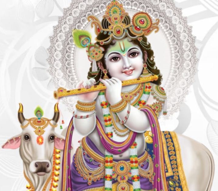 Lord Krishna, accompanied by a gentle cow, plays his flute, radiating tranquility and the essence of divine connection