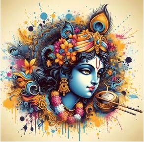 An artistic depiction of Lord Krishna, highlighting his serene expression and intricate details in a captivating painting.
