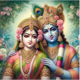 An artistic depiction of Krishna and Radha, symbolizing love and devotion in Hindu mythology, surrounded by vibrant colors.