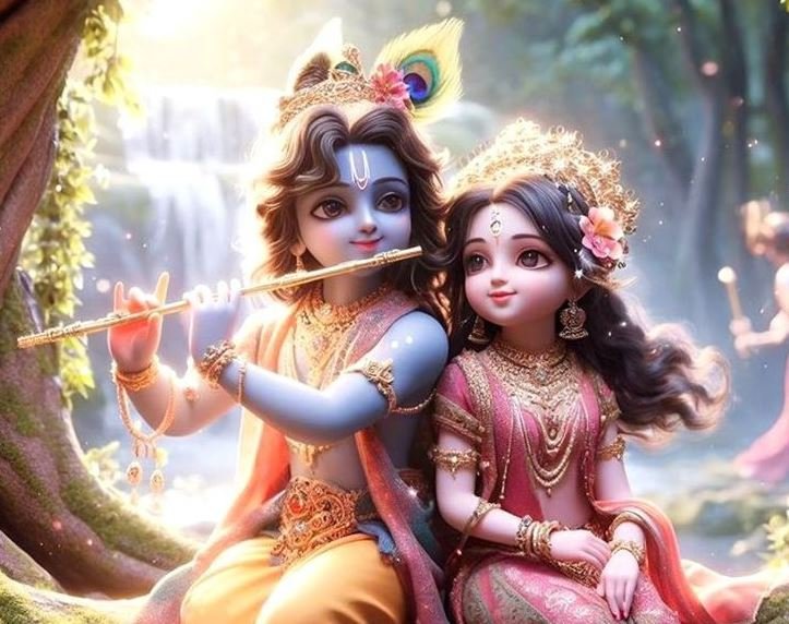 High-definition wallpaper featuring Krishna and Radha in a vibrant and serene setting, showcasing their divine love and beauty.