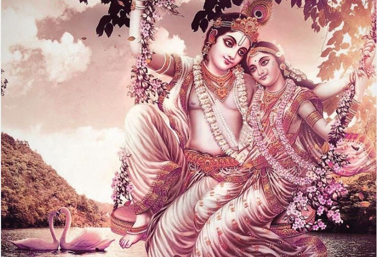 Radha and Krishna joyfully playing together in serene water, surrounded by lush greenery and vibrant flowers.