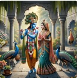 A vibrant depiction of Krishna and Radha, symbolizing divine love and devotion in a serene, colorful setting.