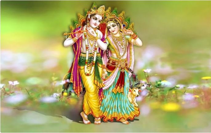 A serene wallpaper featuring Lord Krishna and Radha, embodying love and devotion in a vibrant, artistic depiction.