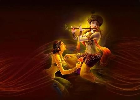Lord Krishna and his wife, immersed in music, play the flute together, symbolizing unity and divine love