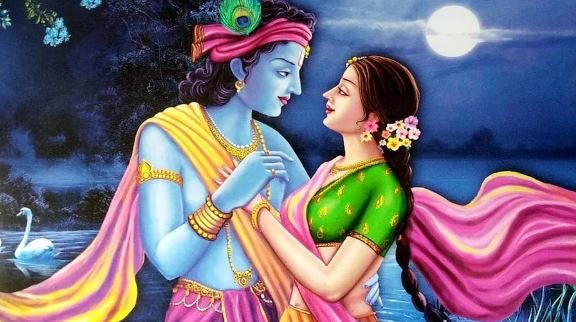 An artistic representation of Radha and Krishna, capturing their profound love and spiritual bond amidst a colorful backdrop
