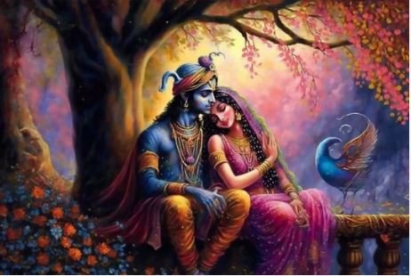 An artistic representation of Radha and Krishna, capturing the essence of their divine love story amidst a colorful backdrop.