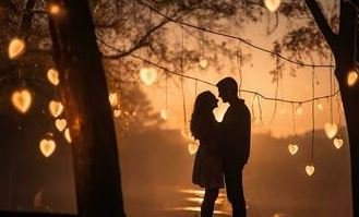 The couple poses in front of a tree, with a tranquil river and lake behind them, capturing a moment in nature.