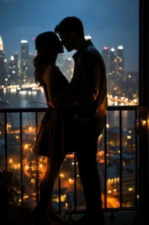 A couple shares a romantic kiss on a balcony, with a stunning city skyline in the background at sunset.