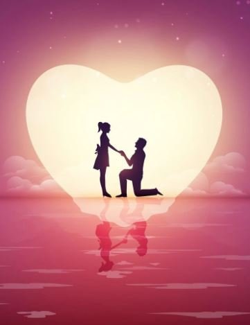 A man kneels to propose to a woman, framed by a heart-shaped background, capturing a moment of love and commitment.