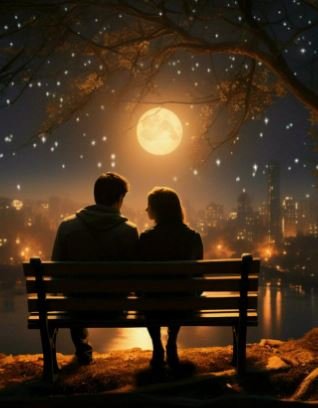A couple sits closely on a bench, illuminated by the soft glow of the moonlight above them.