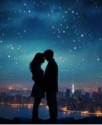 Standing on a cliff's edge, the couple gazes at the city below, embodying a sense of connection and exploration.
