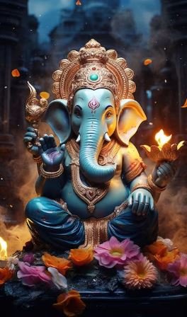 An artistic depiction of Lord Ganesha, the revered deity symbolizing wisdom and prosperity, adorned with vibrant colors.