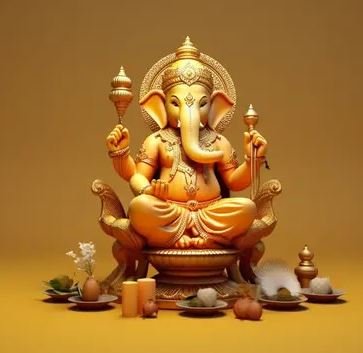 Lord Ganesh statue displayed prominently on a cheerful yellow background, representing good fortune and success