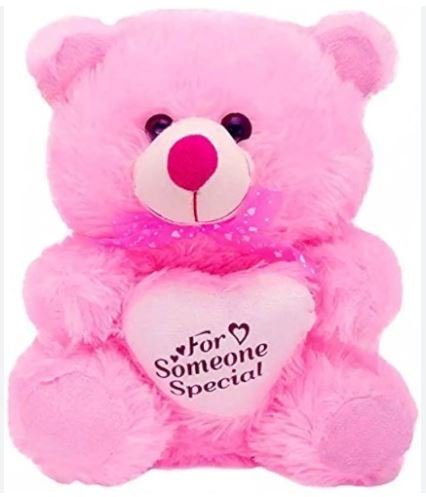 A pink teddy bear holding a heart-shaped tag, symbolizing love and affection in a charming and playful design.