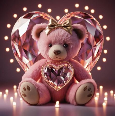 A pink teddy bear holding a heart-shaped diamond, symbolizing love and affection in a charming display