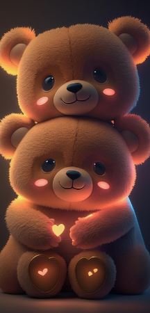 Two teddy bears with glowing eyes and hearts, radiating warmth and affection in a cozy setting.