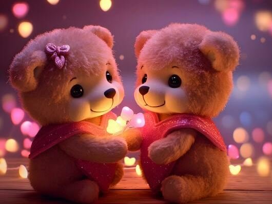 Two teddy bears holding red hearts against a soft pink background, symbolizing love and friendship.