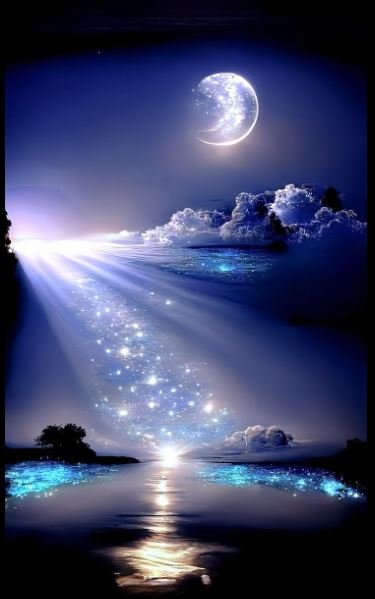 The moon and stars illuminate the night sky, casting shimmering reflections on the still surface of the water below.