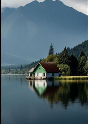 A tranquil house situated on the water, with stunning mountains rising in the background, offering a scenic view.