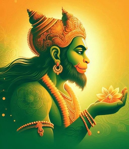 A vibrant depiction of Lord Hanuman, showcasing his divine form and attributes, symbolizing strength and devotion.