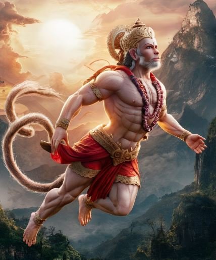 Lord Hanuman ascends through the sky, with towering mountains behind him, representing divine strength and resilience.
