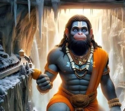 A depiction of Lord Hanuman in a cave, accompanied by a monkey, symbolizing loyalty and divine power.