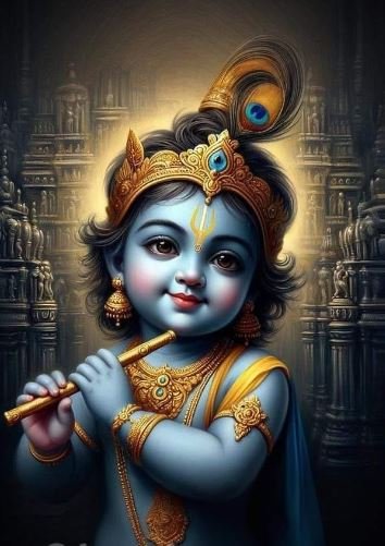 An image showcasing a prominent figure linked to Krishna, with multiple followers gathered around in admiration.