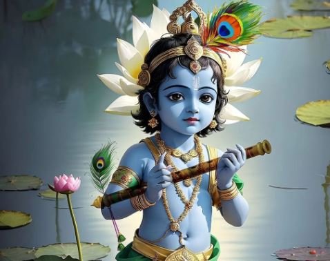 An HD wallpaper of Lord Krishna, highlighting his enchanting presence and intricate details in a colorful backdrop.