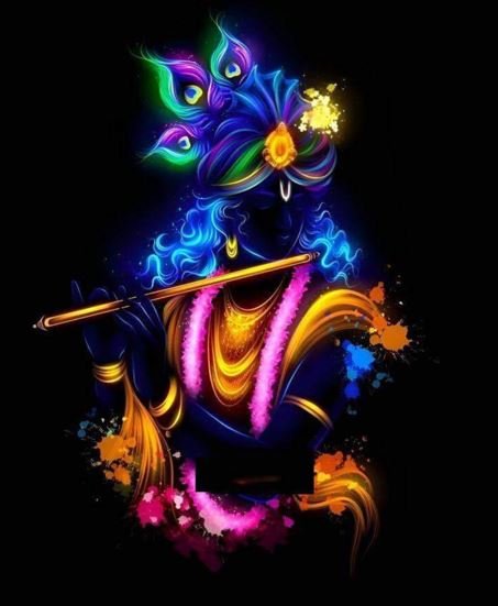 Lord Krishna gracefully holds a flute, embodying divine music and serenity in a vibrant, enchanting setting.