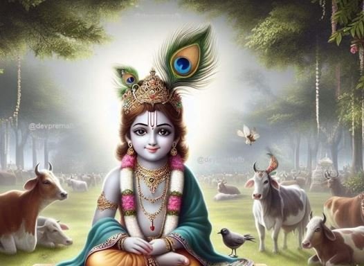 Lord Krishna seated on a lotus flower, surrounded by cows and peacocks, embodying peace and divine beauty.