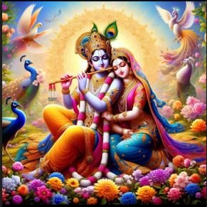 Lord Krishna and Radha are depicted sitting on the ground, adorned by the presence of peacocks and a variety of flowers.