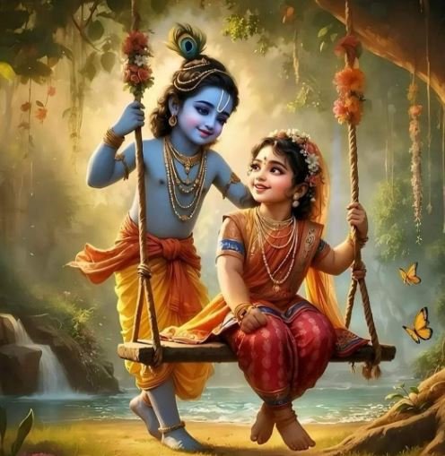 Krishna and Radha share a tender moment, embodying their divine love story amidst a picturesque and colorful setting.