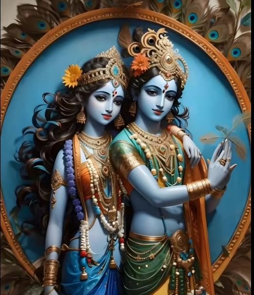 An artistic depiction of Lord Krishna, adorned in traditional attire, alongside a serene representation of Krishna in a divine setting.