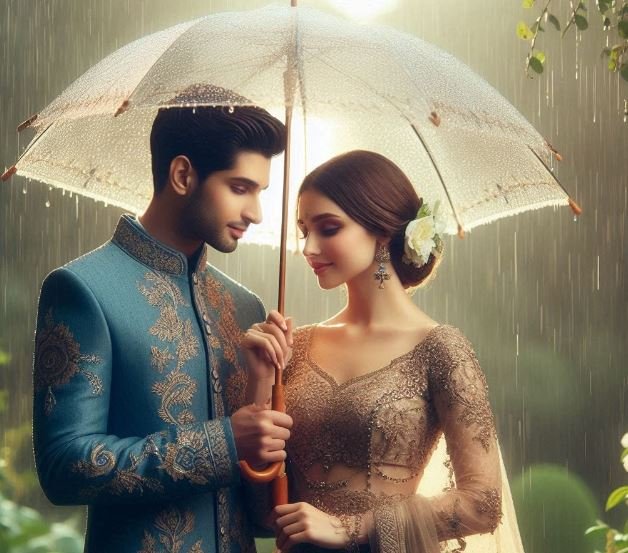 An Indian wedding couple joyfully stands together under a colorful umbrella, symbolizing love and unity amidst the rain.